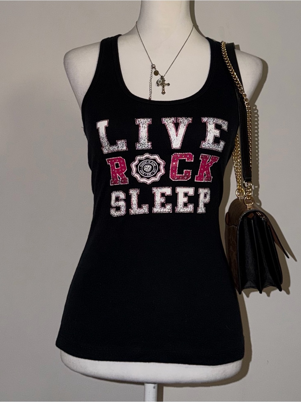 2000s vintage style bedazzled bling fitted tank top LIVE ROCK SLEEP graphic tank